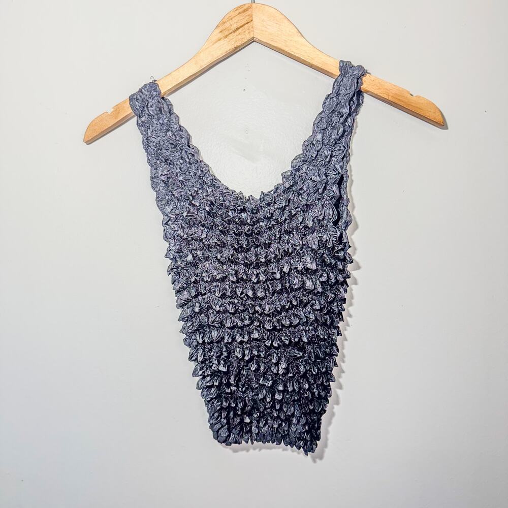 Vintage 90s Popcorn Tank Top Solid Black Magic Bubble Crinkle Vest One Size